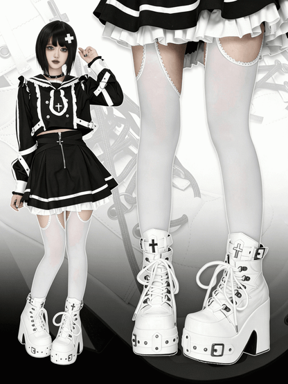 White Gothic Platform 12CM High Heel Boots with Buckle & Spiderweb Design - Transfer Student