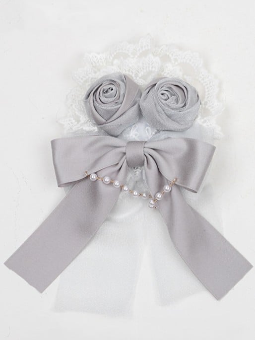 Lolita Gray Hairclip/Brooch Rose Bowknot Lace White