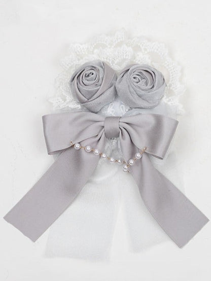 Lolita Gray Hairclip/Brooch Rose Bowknot Lace White