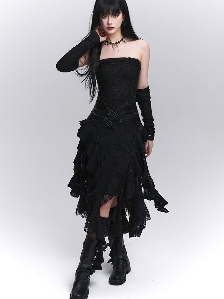 Asymmetrical with Black Free Cascading Ruffles Strapless Dress