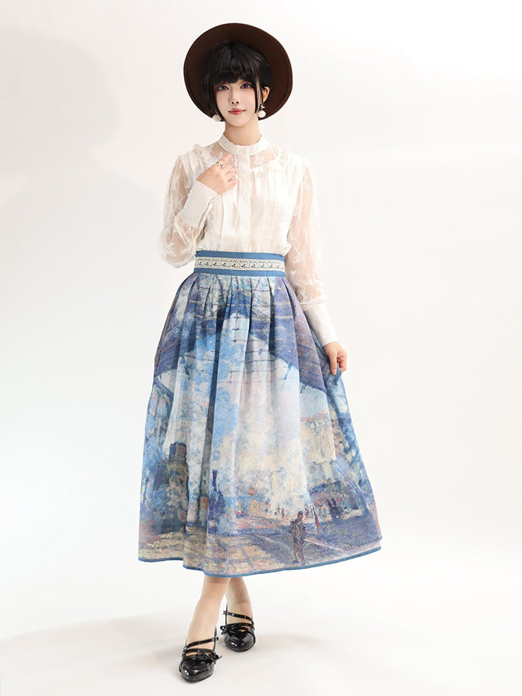 バージョンウエストスカートショートサンラザール油絵プリントブルーハイガール