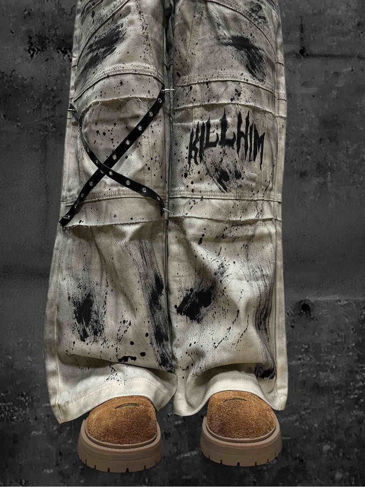Jeans with Wasteland Strap Cargo Yellow Punk Design Tie Crossed Straight-Leg Dye