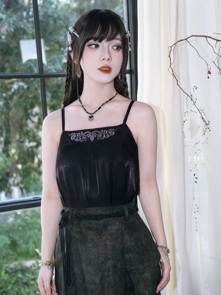 Chinese Gothic Black Cami Top with Deer Embroidery - Quirky Hut