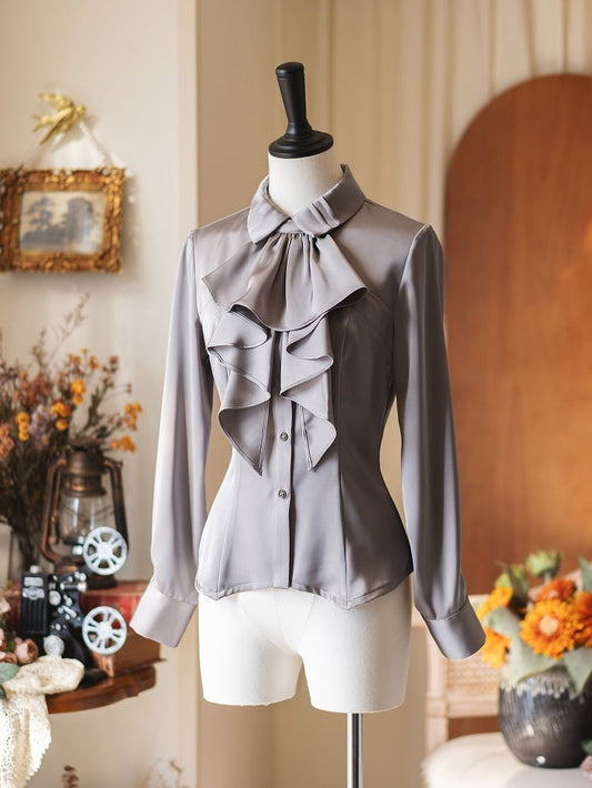 Shirt Elegant with Tie Fitted Satin Gray Jabot Long Sleeves