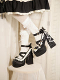 Black Round-Toe Lolita Shoes, 11.5CM Bowknot Block Heel, Pearl & Shell - Bad Bear