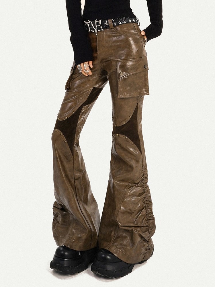 Black/Brown Punk PU Leather Trousers with Pleated Design