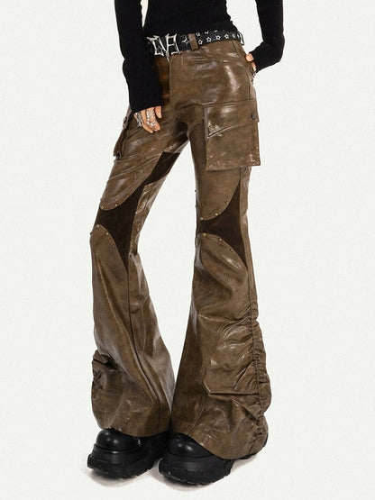 Black/Brown Punk PU Leather Trousers with Pleated Design
