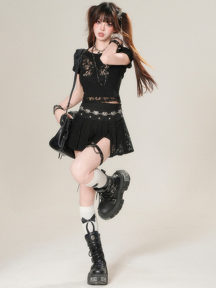 Spitzen-T-Shirt Butterfly Beige/Schwarz Glamorous Bittersweet