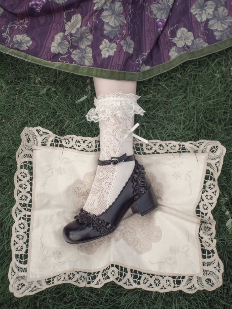 Mary Jane Round Toe Lolita Shoes with Bow and Ruffle in Black - EvilStar