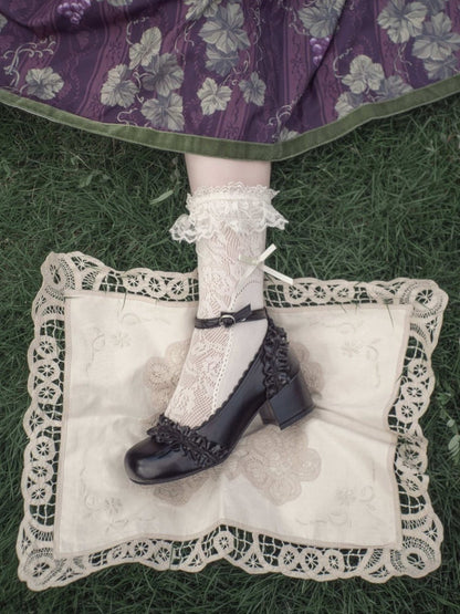 Mary Jane Round Toe Lolita Shoes with Bow and Ruffle in Black - EvilStar