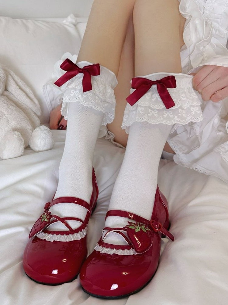 White Pink/White/Red/Black With Bowknots Lolita Calf Socks