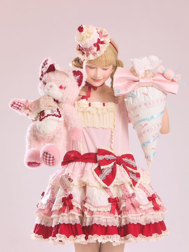 and Bowknot Red Dress Lolita Sweet Pink Hem Dropped Layered Waist Details
