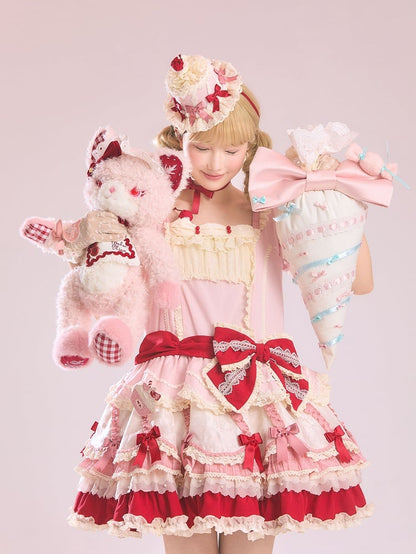 and Bowknot Red Dress Lolita Sweet Pink Hem Dropped Layered Waist Details