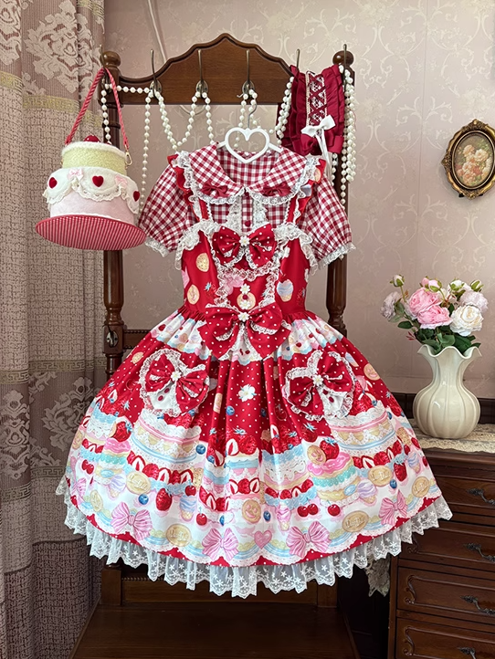 スイートなチェック柄ブラウス（レッド/ピンク）ピーターパンカラー レーストリム ロリータ