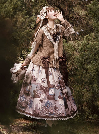 Trimmed Brown Lace Sweet Skirt Sheep's Print Home Lolita