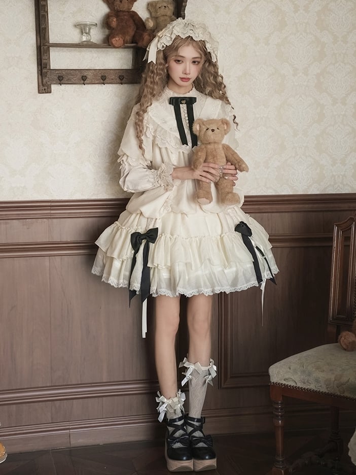 Schleifen Beige Fashion Kordelzug Lolita Kleid Schwarz mit Design Vielseitig und Taillengürtel