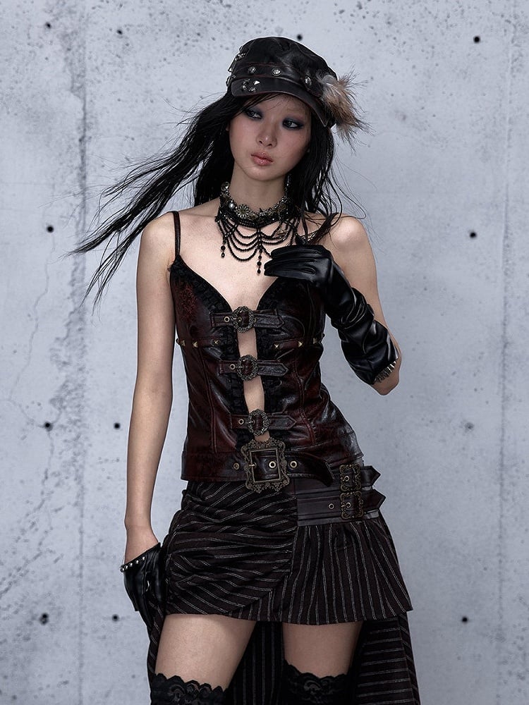 Adjustable Cami Straps with Red Shoulder Lace Ruffle Punk Trim Dark Rock Top