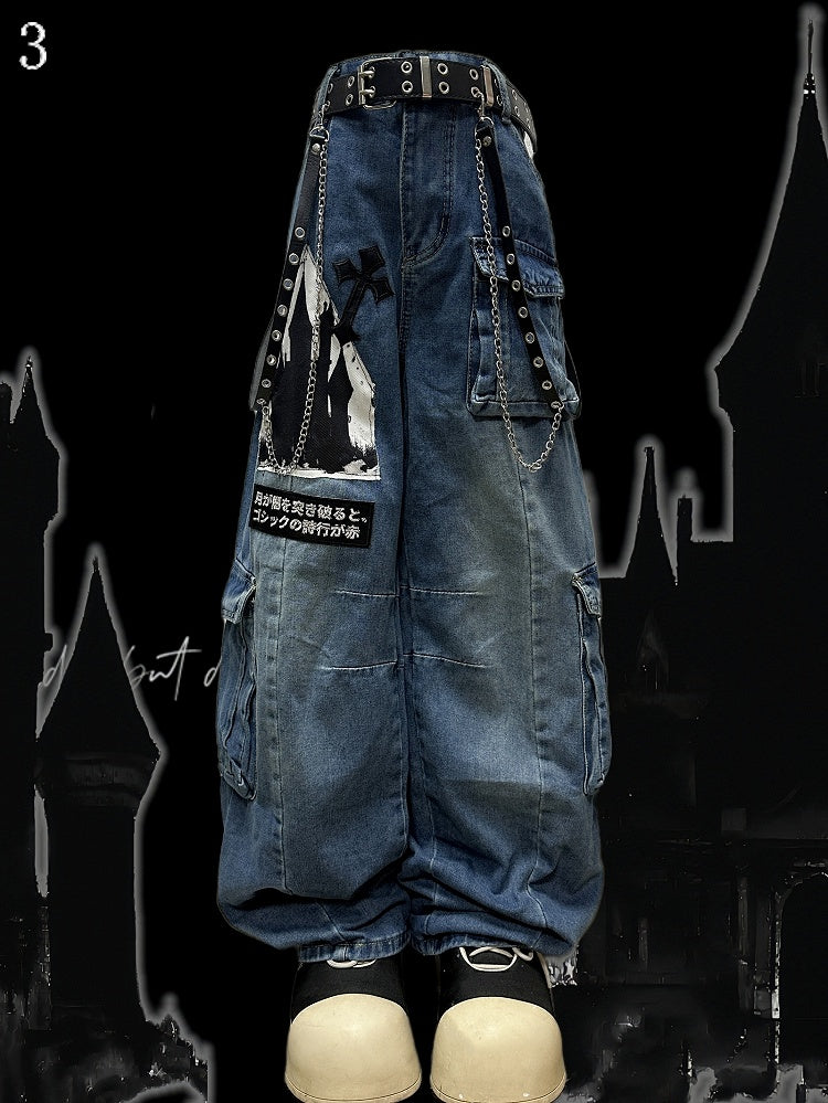 Verzierte Schnittjeans Cargo Y2K Buchstabentaschen Blau Weites Bein Applikation