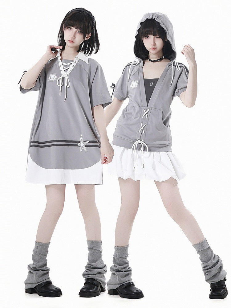 and Neckline Star Gray Lace-up Applique Bunny Dress Loose