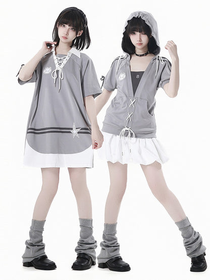 und Ausschnitt Stern Grau Schnürung Applique Bunny Kleid Lose