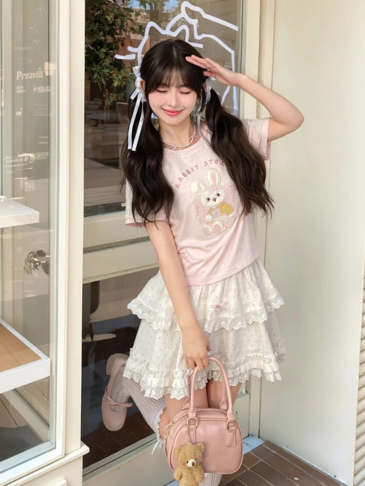 Pink Yume Adorable T-Shirt Bunny Applique Round Neck Kawaii