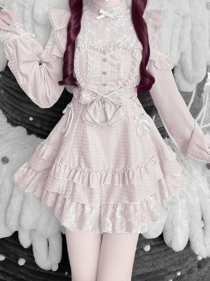 Pink Gingham Ryousangata Floral Lace Dress Set with Shorts, Bow Tie, Bead Chain & Hairclips - Jiuniang Cherry