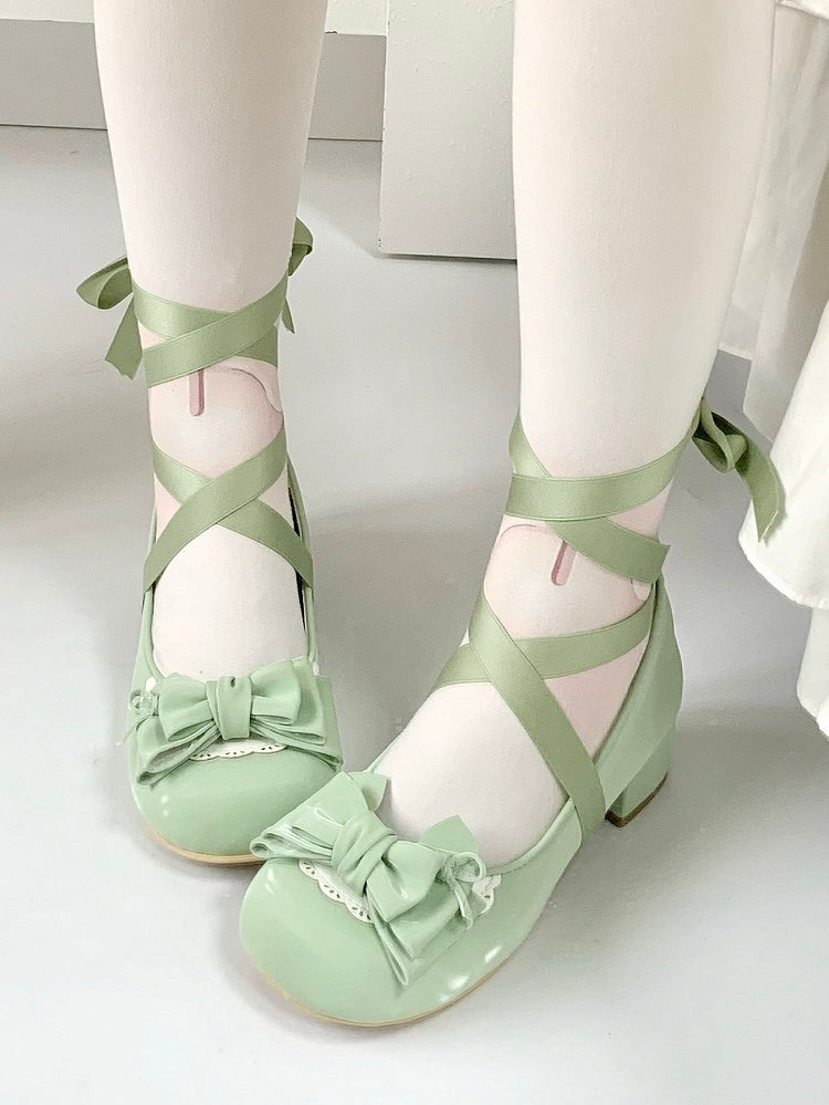 cm Tie Shoes Lolita - Bow Sweet at Heeled for Ankle Top Green Wrap-Around 3.5 Ballet
