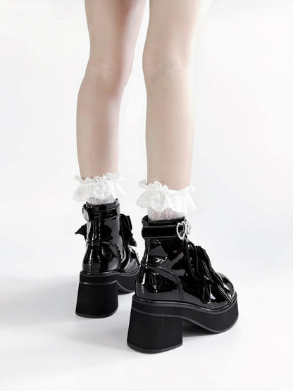 Platform Ankle Boots Buckles Jirai Kei Polished and Black Rhinestons Sweetheart with
