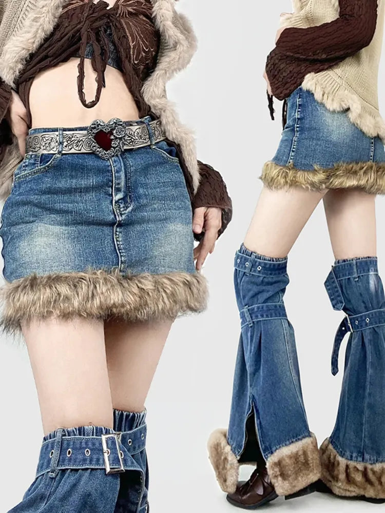 裾+脚のファッションスリットプラッシュスカートウォーマーデニムサイドストラップバックルギャルブルー