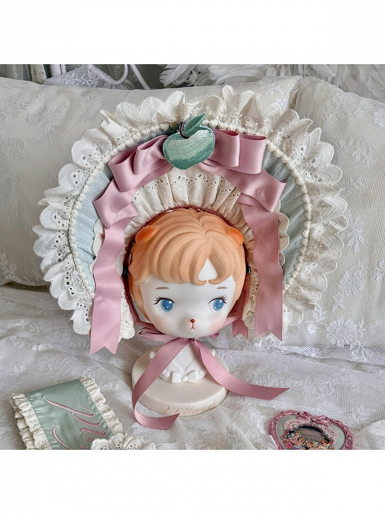 Embroidered Apple & Bow Accent Mint/Beige Bonnet Headpiece - Yinying Lolita