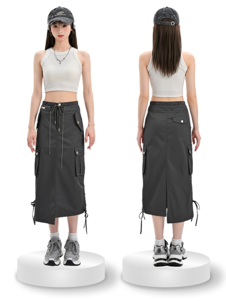 Waist and Gray Drawstring Cargo Skirt Hem Asymmetrical Bittersweet