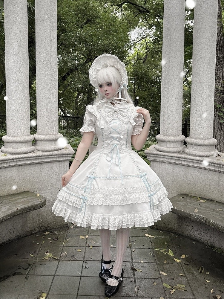 Blue-White Kawaii Cotton JSK Gown with Ribbon and Ruffle Embellishments