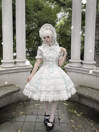 Blue-White Kawaii Cotton JSK Gown with Ribbon and Ruffle Embellishments