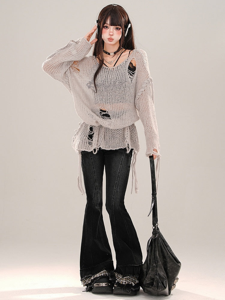 Gray and White Distressed Holes Asymmetrical Neckline Semi-sheer Knit Top