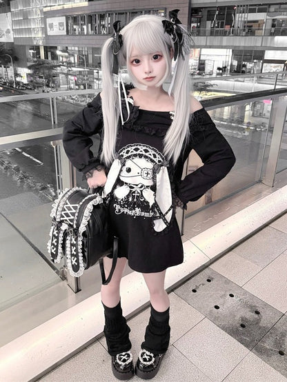 Jirai-kei Black Off Shoulder Long Sleeve Top with 3D Bunny Ears, Lace & Bows - Puppet Bombs