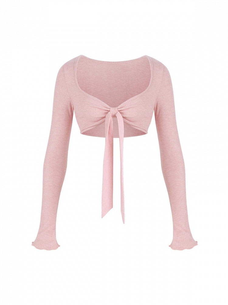 Knit Cardigan Pink Long Sleeve Ribbon Sweet - serendipity
