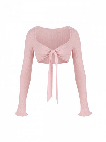 Knit Cardigan Pink Long Sleeve Ribbon Sweet - serendipity