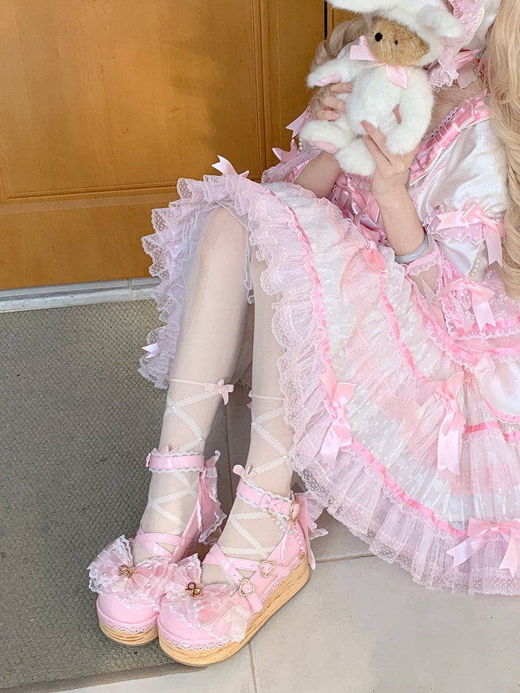 Sakura Pink Removable Bow Train and Bead Chain Hanayome Lolita Platform Shoes