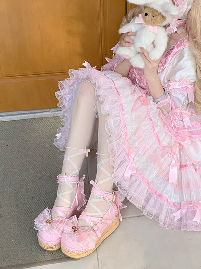 Sakura Pink Removable Bow Train and Bead Chain Hanayome Lolita Platform Shoes