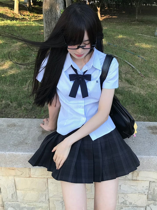 Uniform Short Pattern Blue Shirt Style Striped JK Sleeves Preppy