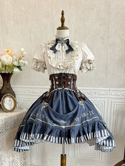 Aprikosenfarbenes Hemd mit Rüschenausschnitt + brauner Korsettgürtel + blauer Rock Steampunk Lolita Set
