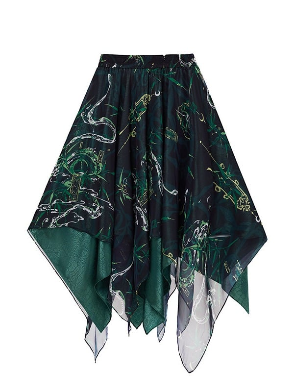 Snake Asymmetrical Black with A-line Skirt Print Green