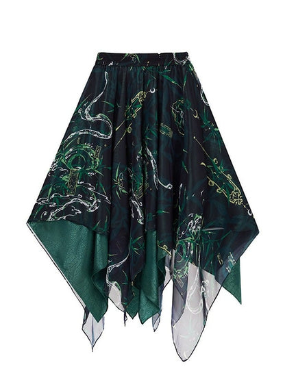 Snake Asymmetrical Black with A-line Skirt Print Green