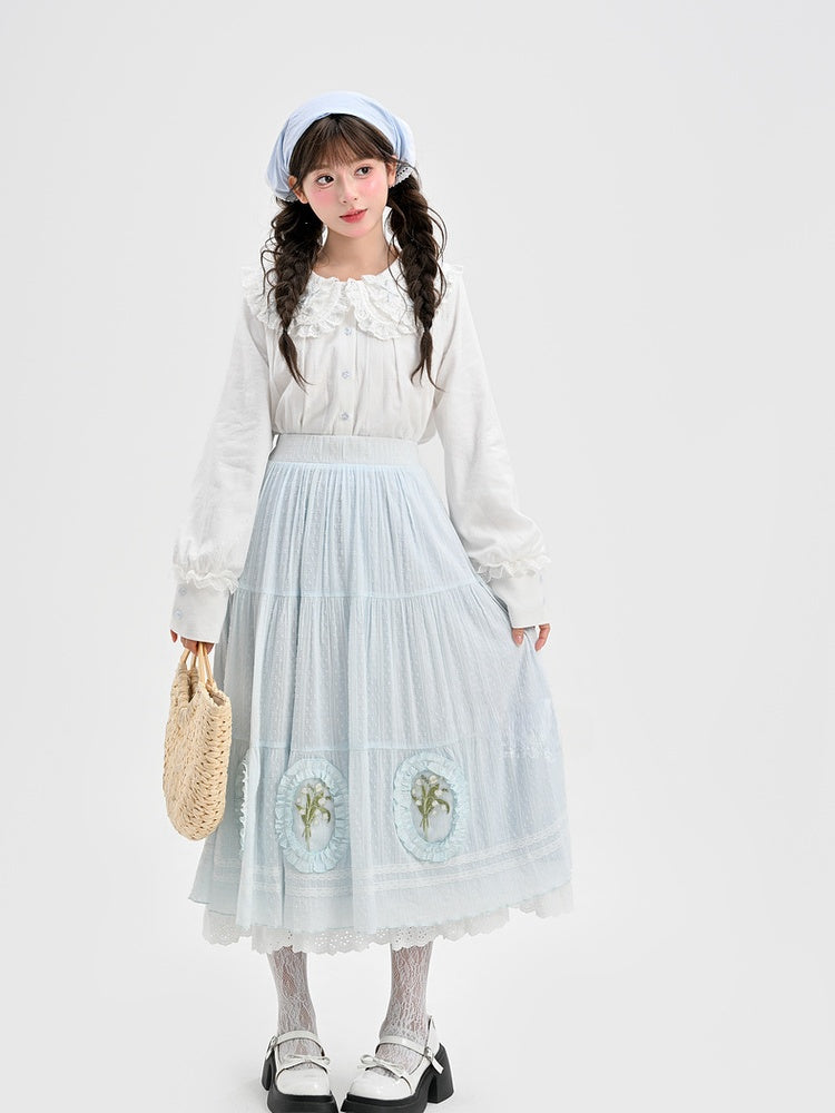 Skirt Light Blue Lily-of-the-Valley Embroidered Lace Trim Cutton