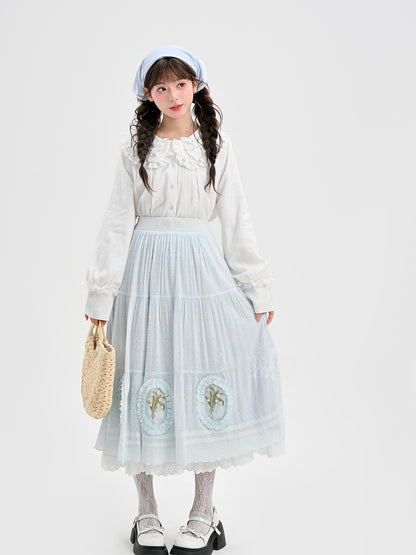 Skirt Light Blue Lily-of-the-Valley Embroidered Lace Trim Cutton