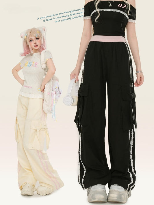 Pants Floral Bow Details Straight-leg With Apricot/Black Stripes And