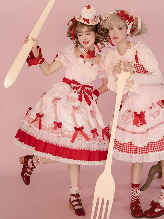 Puff Details Dress and Red Pink Lolita Sweet Bowknot Neckline Sleeves Square