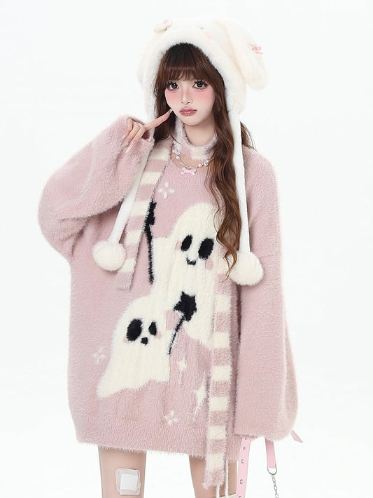 Ghost Sweater Pattern Scarf Striped with Pink/Black/Red Kawaii