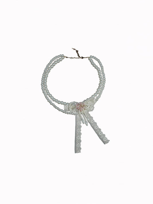 Necklace Beaded Bow White with Lace