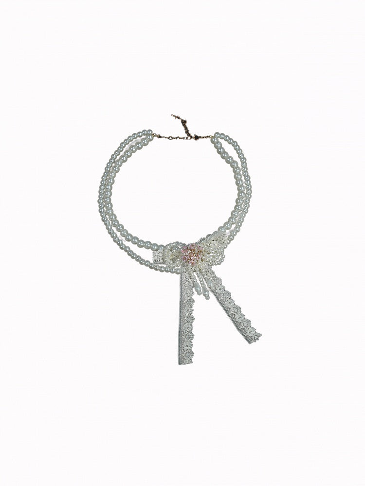 White Necklace Lace Beaded Bow with